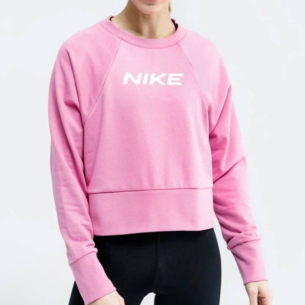 NWT Nike Womens Dri-FIT Crop Training Crew Sweatshirt M Pink Loose Fit Spellout